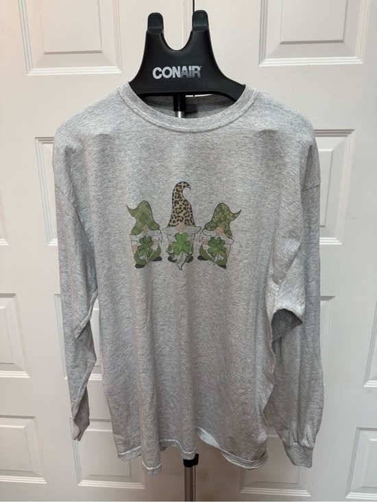 Gildan Tops - Gildan Gray Long Sleeve Tee with Green Shamrock Gnome Trio Graphic